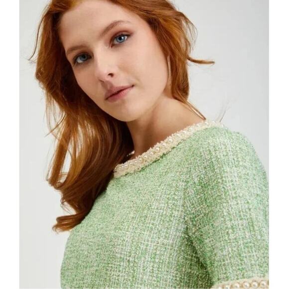 Orsay NWT Sz L Green Metallic Tweed Boucle Dress Pearl Neck & Cuff Royal Duchess - Picture 2 of 16